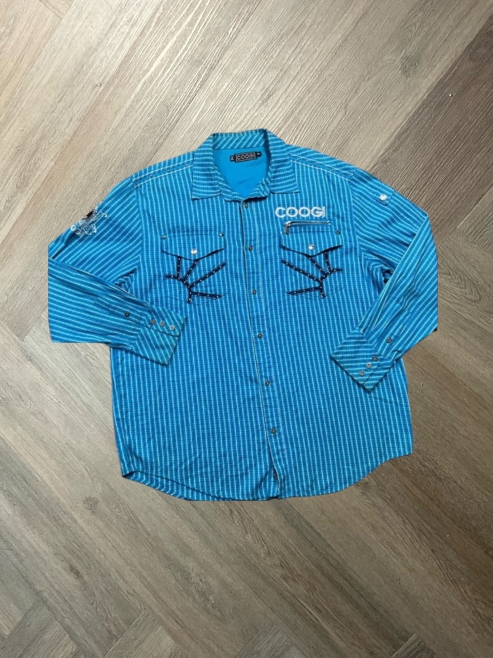 Vintage Coogi Australia Plaid Button Down‎ Embellished Shirt Mens XXL Blue Y2K